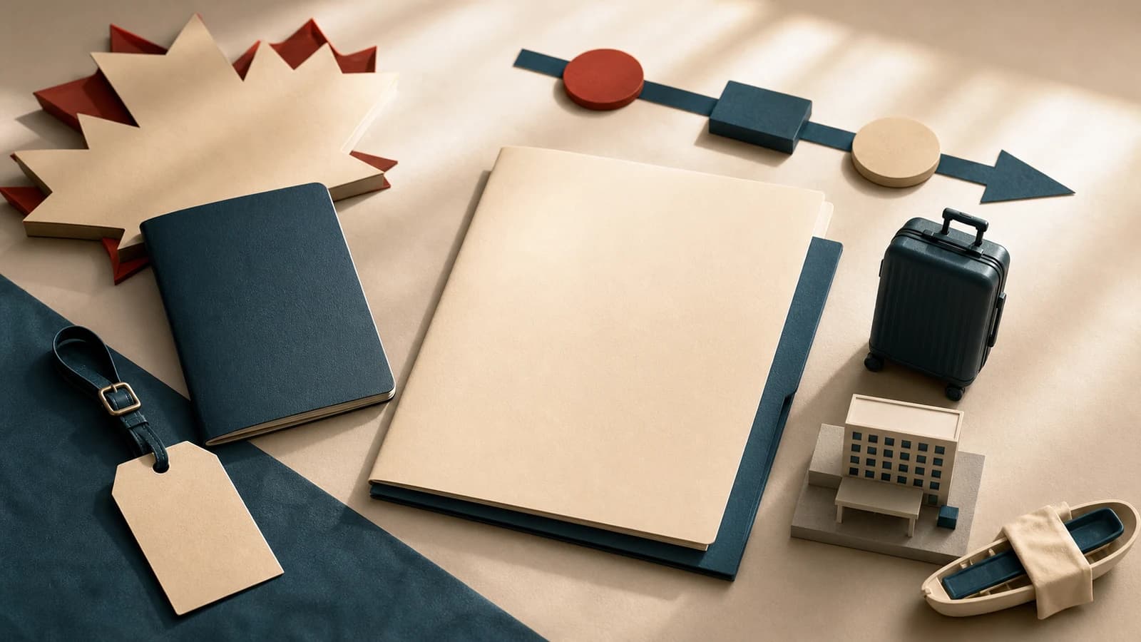 Blanko-Versicherungsunterlagen, Gepäck und abstrakte Kanada- und Zeitsymbole als Illustration für eine Working-Holiday-Einreise