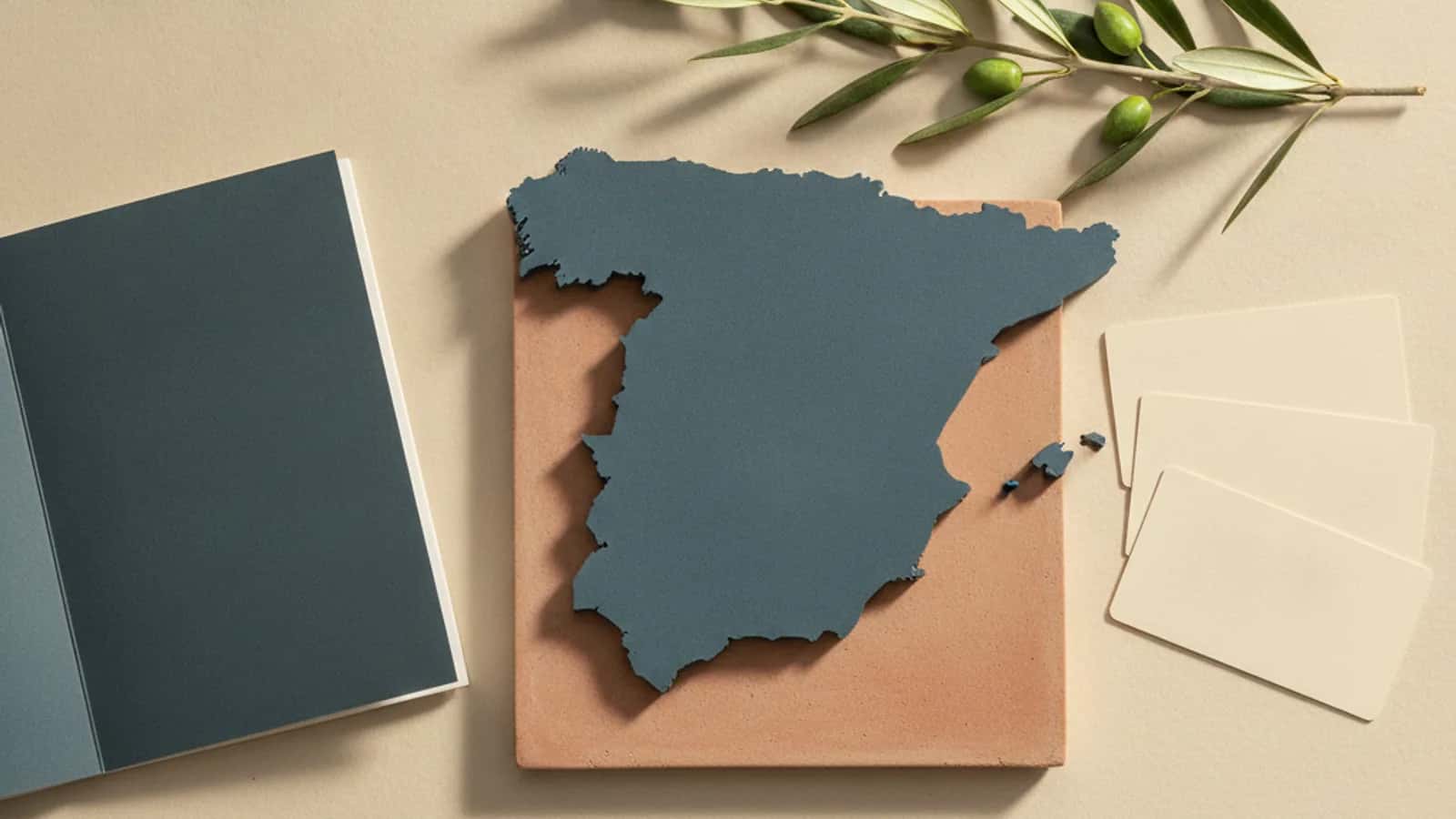 Stilisierte Karte Spaniens neben einem Notizbuch, blanken Karten und einem Olivenzweig