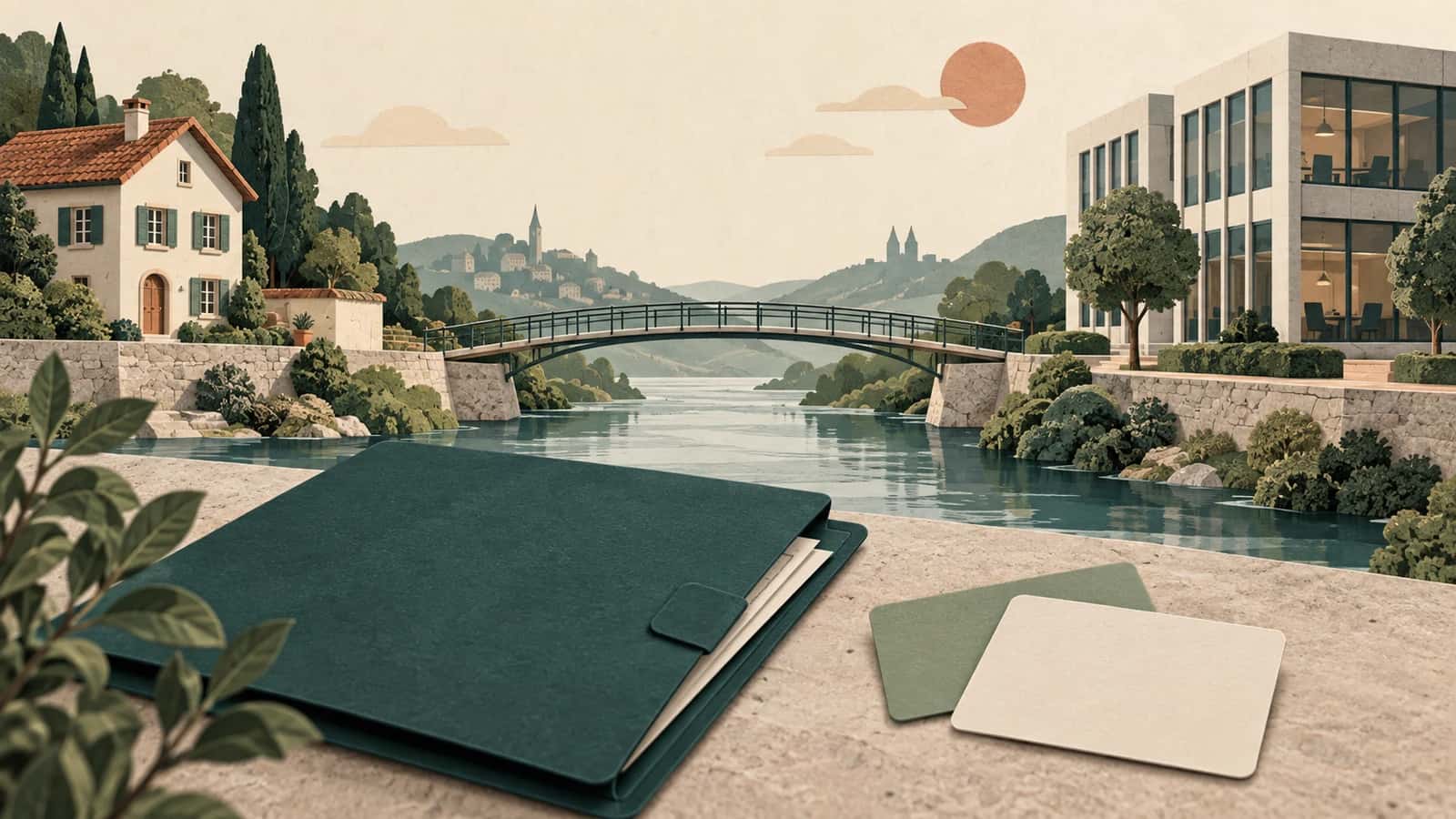 Illustration eines Wohnhauses und Bürogebäudes an einem Fluss mit Brücke und Dokumentenmappe