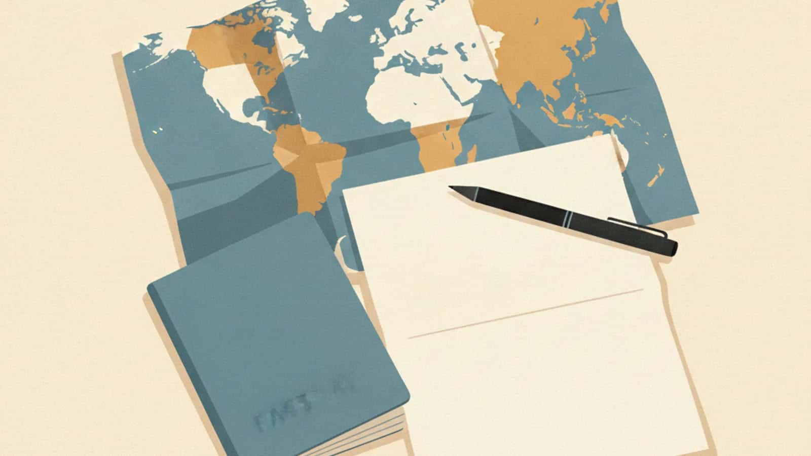Reisepass, neutrales Formular und Weltkarte als Illustration für Visum und Versicherung