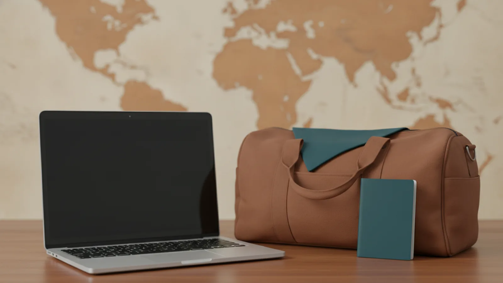 Laptop, backpack, passport and world map illustrating mobile work across borders